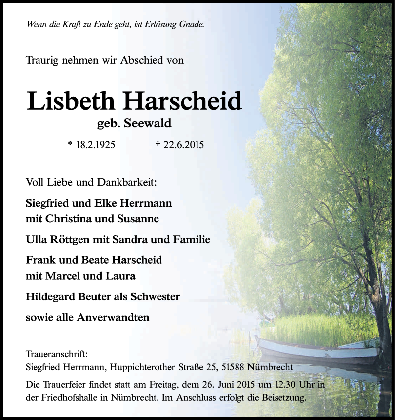  Traueranzeige für Lisbeth Harscheid vom 24.06.2015 aus Kölner Stadt-Anzeiger / Kölnische Rundschau / Express