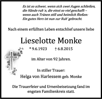 Anzeige von Lieselotte Monke von Kölner Stadt-Anzeiger / Kölnische Rundschau / Express
