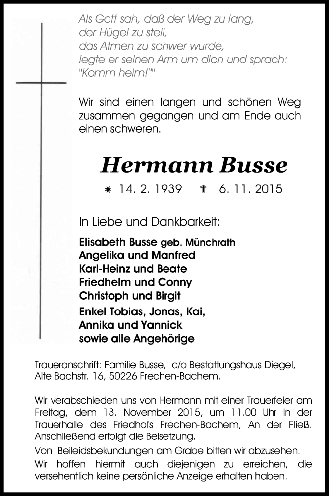  Traueranzeige für Hermann Busse vom 11.11.2015 aus Kölner Stadt-Anzeiger / Kölnische Rundschau / Express