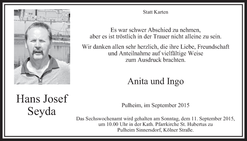  Traueranzeige für Hans Josef Seyda vom 05.09.2015 aus  Sonntags-Post 