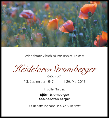 Anzeige von Heidelore Stromberger von Kölner Stadt-Anzeiger / Kölnische Rundschau / Express