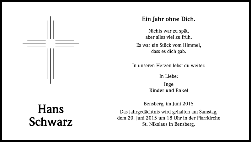  Traueranzeige für Hans Schwarz vom 17.06.2015 aus Kölner Stadt-Anzeiger / Kölnische Rundschau / Express