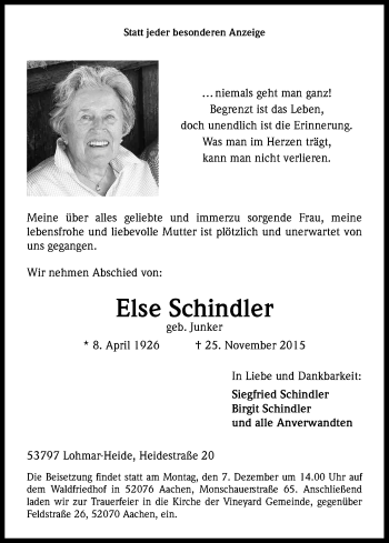 Anzeige von Else Schindler von Kölner Stadt-Anzeiger / Kölnische Rundschau / Express