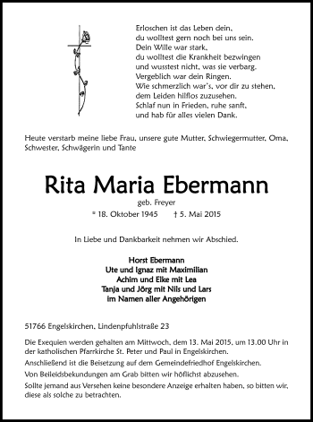 Anzeige von Rita Maria Ebermann von Kölner Stadt-Anzeiger / Kölnische Rundschau / Express