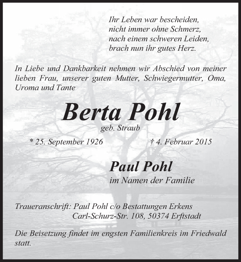  Traueranzeige für Berta Pohl vom 11.02.2015 aus  Werbepost 