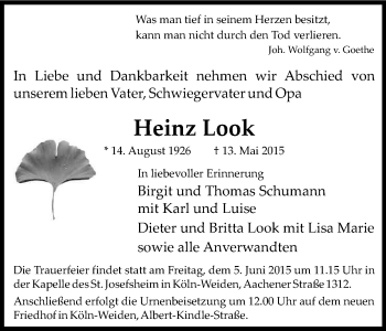Anzeige von Heinz Look von Kölner Stadt-Anzeiger / Kölnische Rundschau / Express