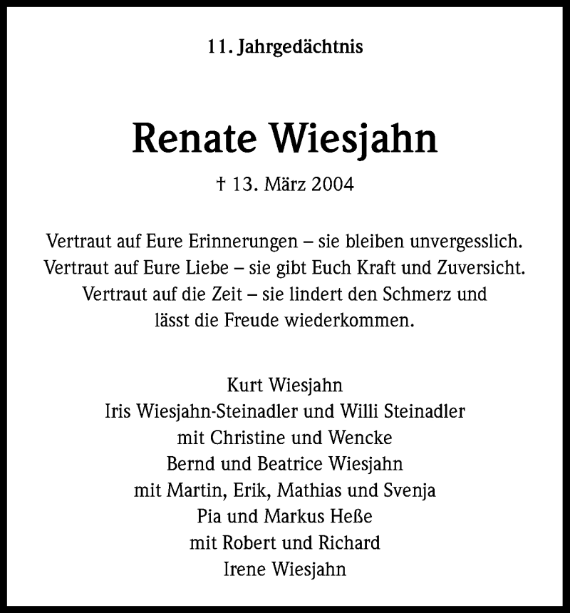  Traueranzeige für Renate Wiesjahn vom 13.03.2015 aus Kölner Stadt-Anzeiger / Kölnische Rundschau / Express