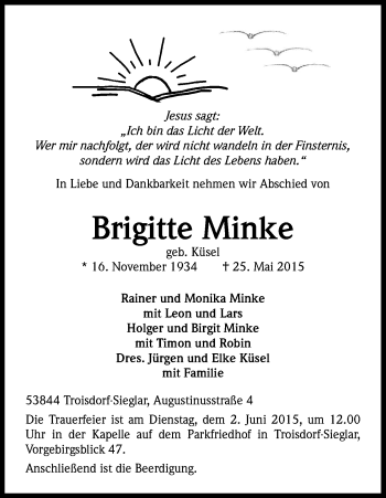 Anzeige von Brigitte Minke von Kölner Stadt-Anzeiger / Kölnische Rundschau / Express