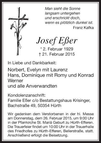 Anzeige von Josef Eßer von  Wochenende 