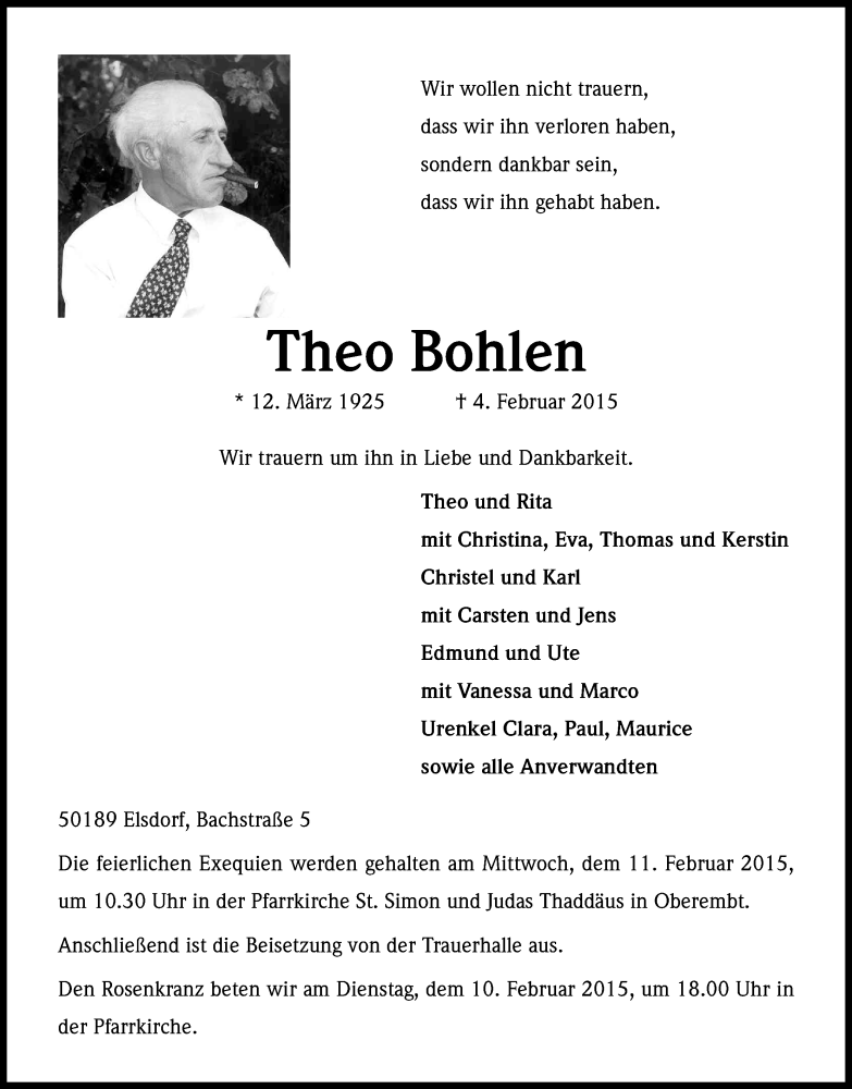  Traueranzeige für Theo Bohlen vom 09.02.2015 aus Kölner Stadt-Anzeiger / Kölnische Rundschau / Express