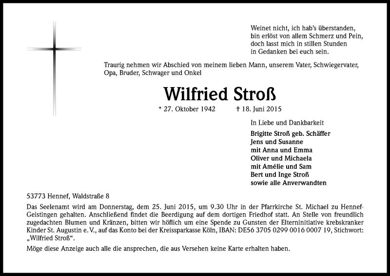  Traueranzeige für Wilfried Stroß vom 20.06.2015 aus Kölner Stadt-Anzeiger / Kölnische Rundschau / Express