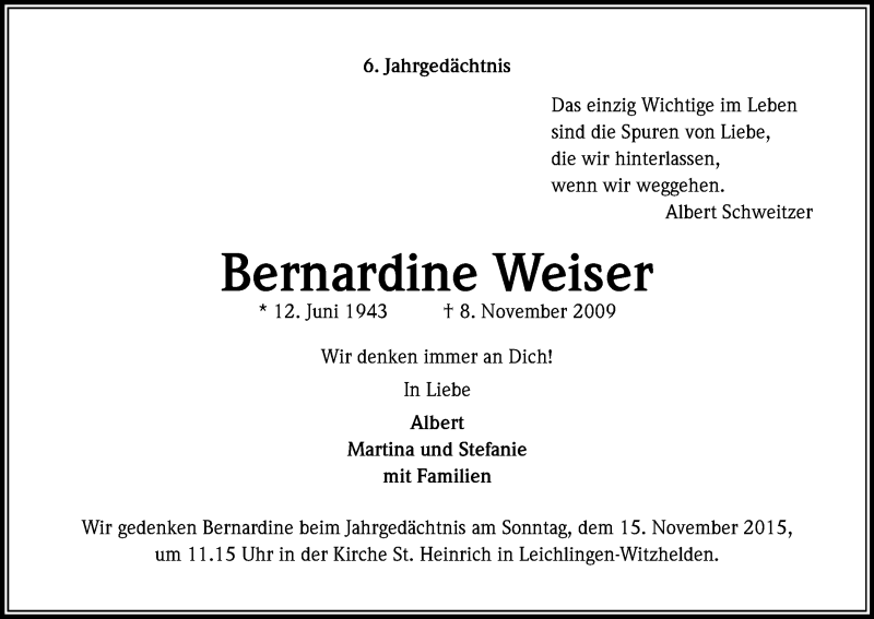  Traueranzeige für Bernardine Weiser vom 07.11.2015 aus Kölner Stadt-Anzeiger / Kölnische Rundschau / Express