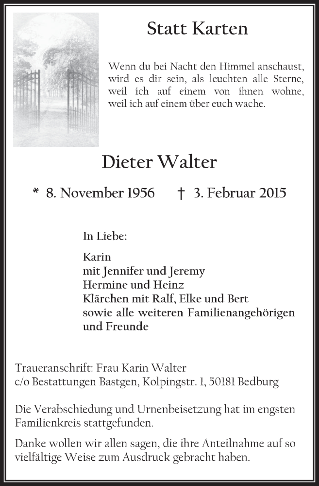  Traueranzeige für Dieter Walter vom 11.02.2015 aus  Werbepost 