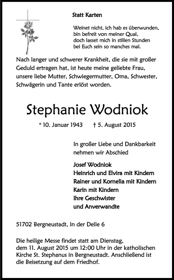 Anzeige von Stephanie Wodniok von Kölner Stadt-Anzeiger / Kölnische Rundschau / Express