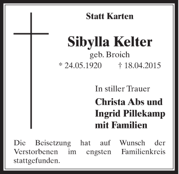 Anzeige von Sibylla Kelter von  Schlossbote/Werbekurier 