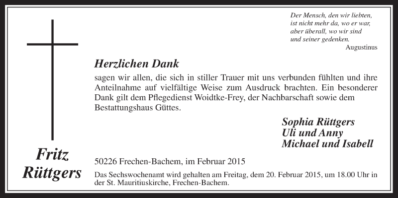  Traueranzeige für Fritz Rüttgers vom 11.02.2015 aus  Wochenende 