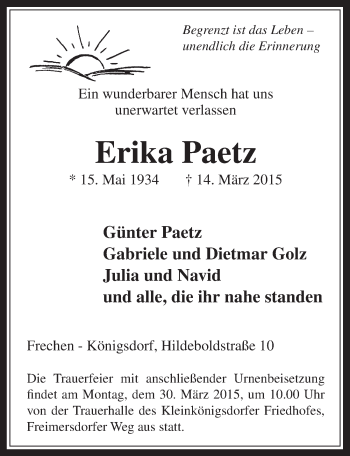 Anzeige von Erika Paetz von  Wochenende 