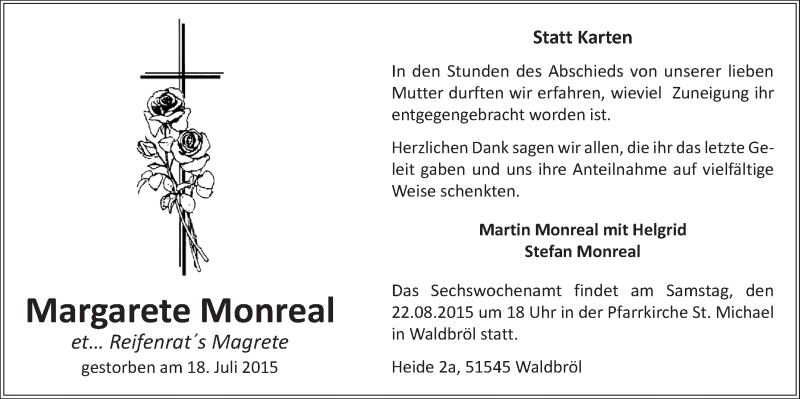  Traueranzeige für Margarete Monreal vom 19.08.2015 aus  Lokalanzeiger 