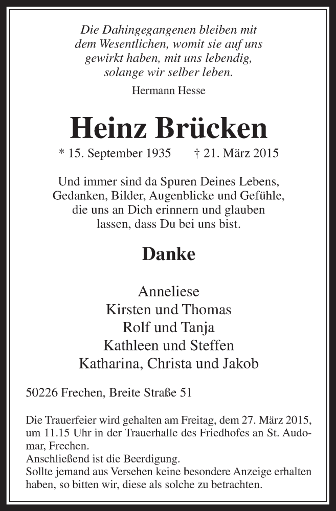  Traueranzeige für Heinz Brücken vom 25.03.2015 aus  Wochenende 