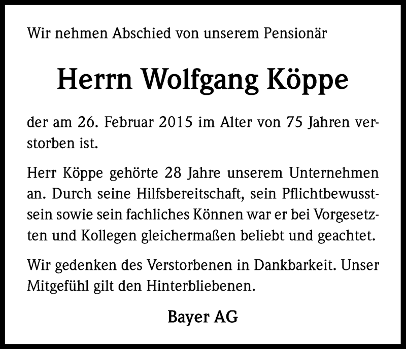  Traueranzeige für Wolfgang Köppe vom 06.03.2015 aus Kölner Stadt-Anzeiger / Kölnische Rundschau / Express