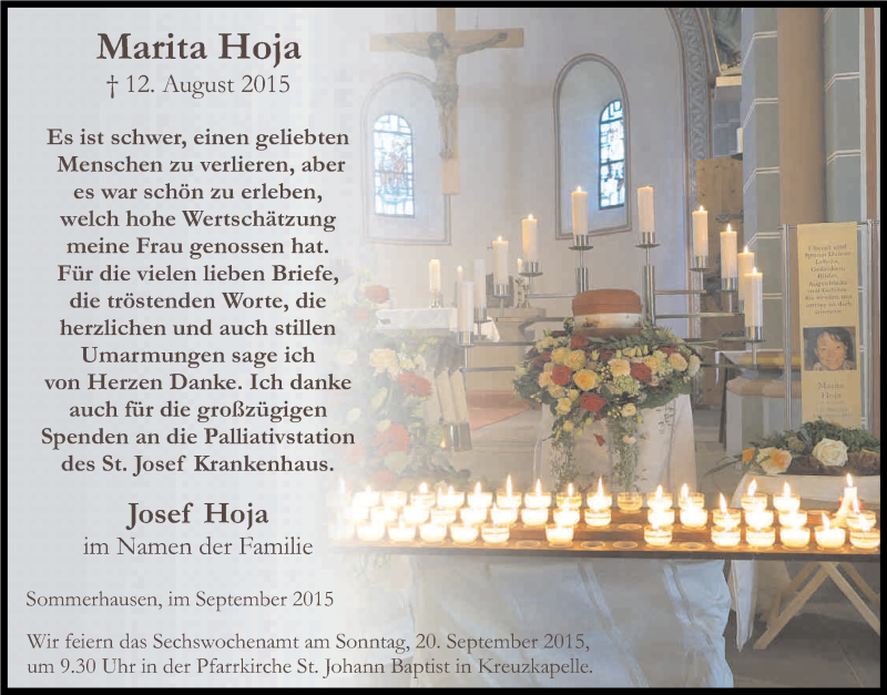  Traueranzeige für Marita Hoja vom 12.09.2015 aus Kölner Stadt-Anzeiger / Kölnische Rundschau / Express