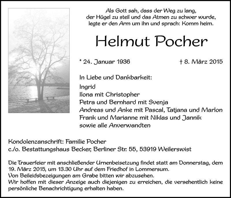  Traueranzeige für Helmut Pocher vom 15.03.2015 aus  Blickpunkt Euskirchen 