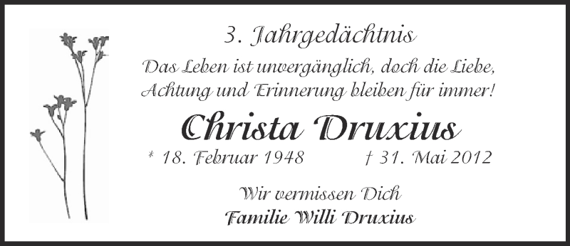  Traueranzeige für Christa Druxius vom 30.05.2015 aus 