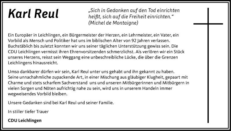  Traueranzeige für Karl Reul vom 10.10.2015 aus Kölner Stadt-Anzeiger / Kölnische Rundschau / Express