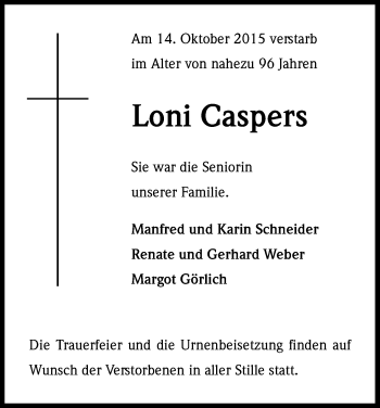 Anzeige von Loni Caspers von Kölner Stadt-Anzeiger / Kölnische Rundschau / Express