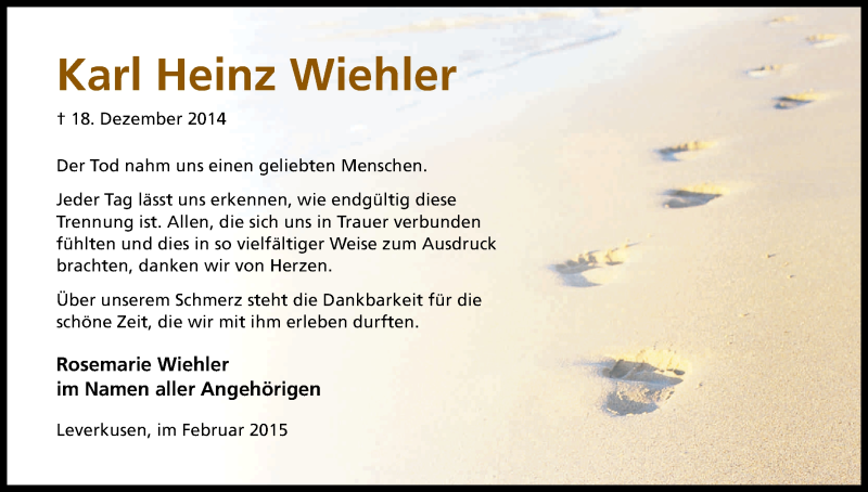  Traueranzeige für Karl Heinz Wiehler vom 07.02.2015 aus Kölner Stadt-Anzeiger / Kölnische Rundschau / Express