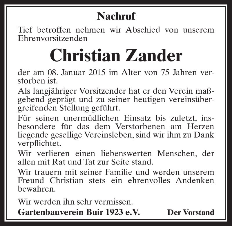  Traueranzeige für Christian Zander vom 21.01.2015 aus  Werbepost 