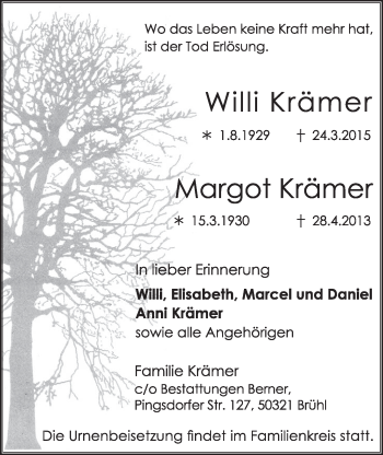 Anzeige von Willi und Margot Krämer von  Schlossbote/Werbekurier 