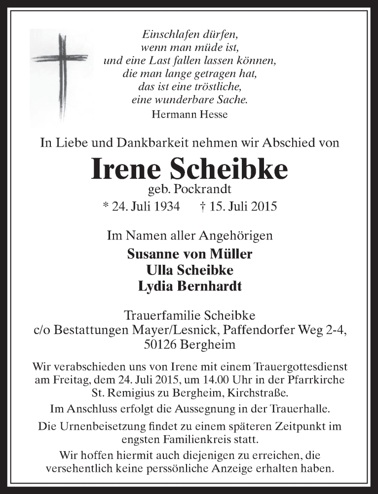  Traueranzeige für Irene Scheibke vom 22.07.2015 aus  Werbepost 