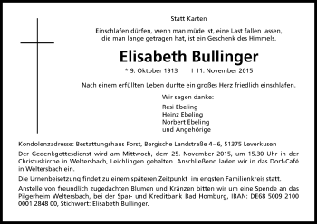 Anzeige von Elisabeth Bullinger von Kölner Stadt-Anzeiger / Kölnische Rundschau / Express