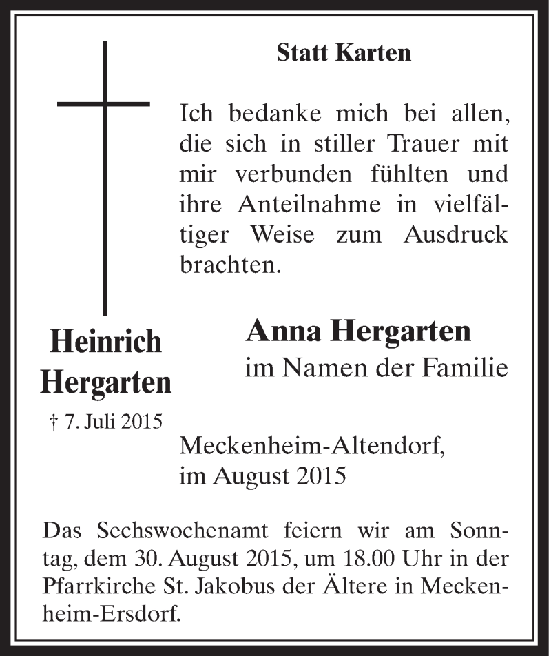  Traueranzeige für Heinrich Hergarten vom 26.08.2015 aus  Schaufenster/Blickpunkt 