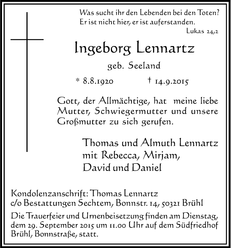  Traueranzeige für Ingeborg Lennartz vom 26.09.2015 aus Kölner Stadt-Anzeiger / Kölnische Rundschau / Express