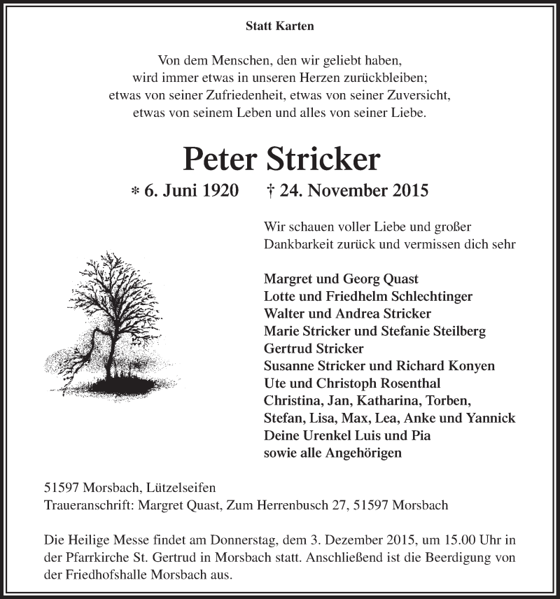  Traueranzeige für Peter Stricker vom 02.12.2015 aus  Lokalanzeiger 