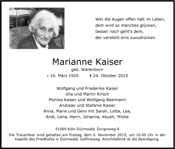 Anzeige von Marianne Kaiser von Kölner Stadt-Anzeiger / Kölnische Rundschau / Express