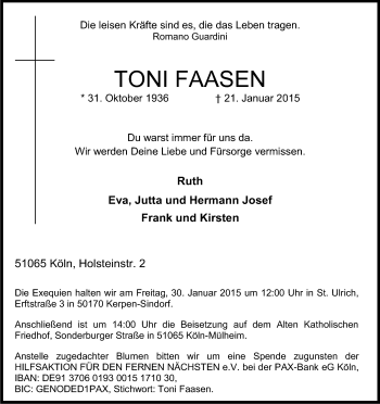 Anzeige von Toni Faasen von Kölner Stadt-Anzeiger / Kölnische Rundschau / Express