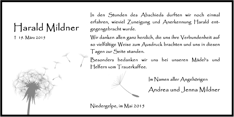  Traueranzeige für Harald Mildner vom 13.05.2015 aus  Anzeigen Echo 