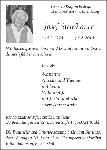 Anzeige von Josef Steinhauer von  Schlossbote/Werbekurier 