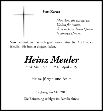 Anzeige von Heinz Meuler von Kölner Stadt-Anzeiger / Kölnische Rundschau / Express