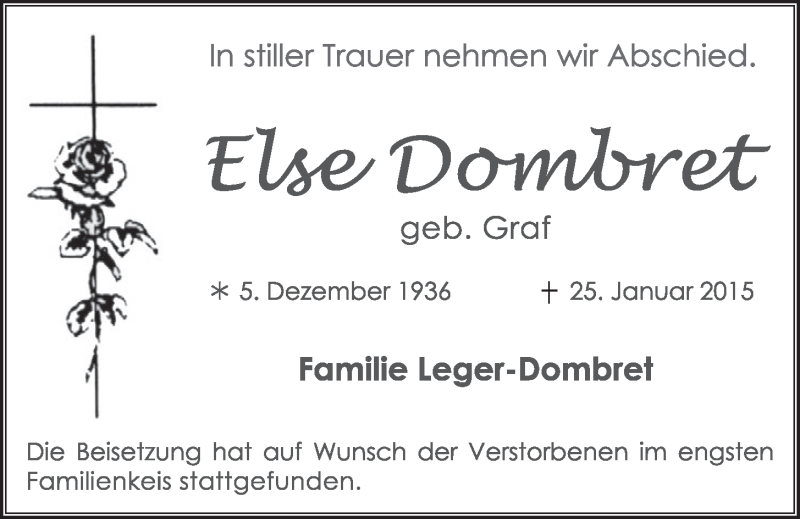 Traueranzeige für Else Dombret vom 04.02.2015 aus  Schlossbote/Werbekurier 