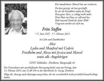 Anzeige von Fritz Steffen von Kölner Stadt-Anzeiger / Kölnische Rundschau / Express