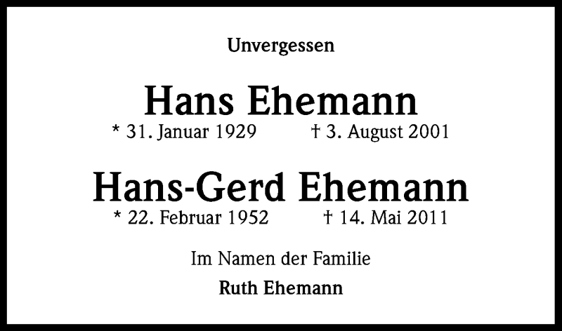  Traueranzeige für Hans und Hans-Gerd Ehemann vom 14.05.2015 aus Kölner Stadt-Anzeiger / Kölnische Rundschau / Express