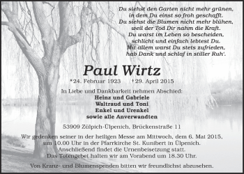 Anzeige von Paul Wirtz von  Blickpunkt Euskirchen 