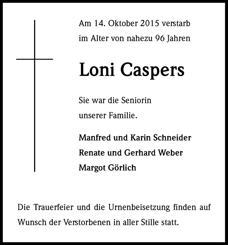  Traueranzeige für Loni Caspers vom 24.10.2015 aus Kölner Stadt-Anzeiger / Kölnische Rundschau / Express