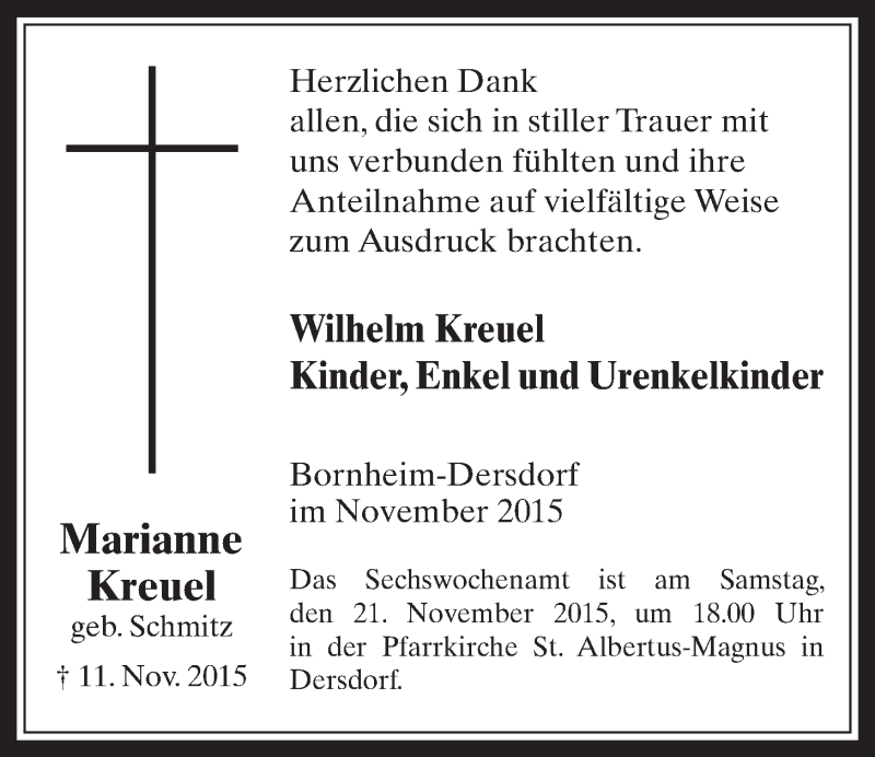  Traueranzeige für Marianne Kreuel vom 18.11.2015 aus  Schaufenster/Blickpunkt 
