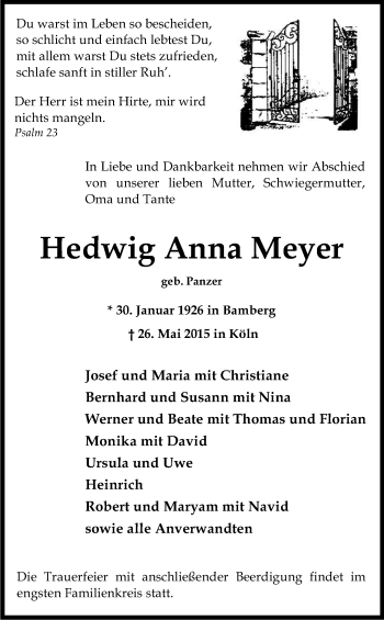 Anzeige von Hedwig Anna Meyer von Kölner Stadt-Anzeiger / Kölnische Rundschau / Express