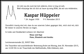 Anzeige von Kaspar Hüppeler von Kölner Stadt-Anzeiger / Kölnische Rundschau / Express